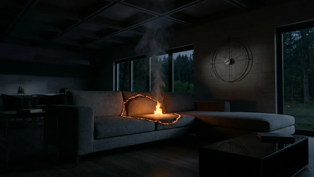 A dark modern living room at night where a small flame burns on a sofa cushion, spreading outward in a glowing ring of fire across the fabric while thin smoke gathers under the ceiling and a wall clock hangs in the shadows — the first seconds of fire growth.