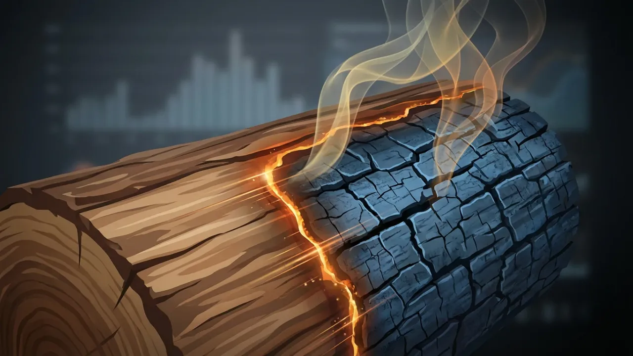 A glowing log at the pyrolysis front, volatile gases rising from a carbonized surface — the moment wood turns into fire