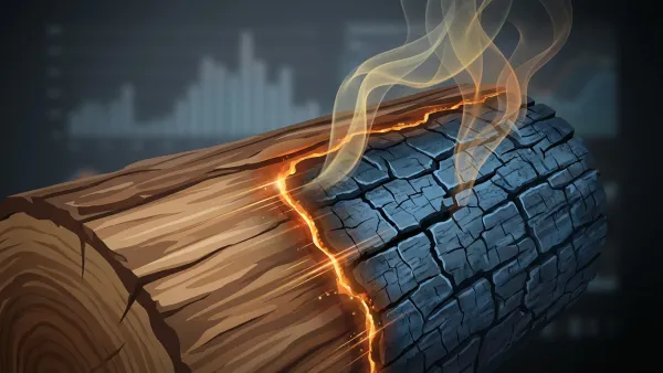 A glowing log at the pyrolysis front, volatile gases rising from a carbonized surface — the moment wood turns into fire