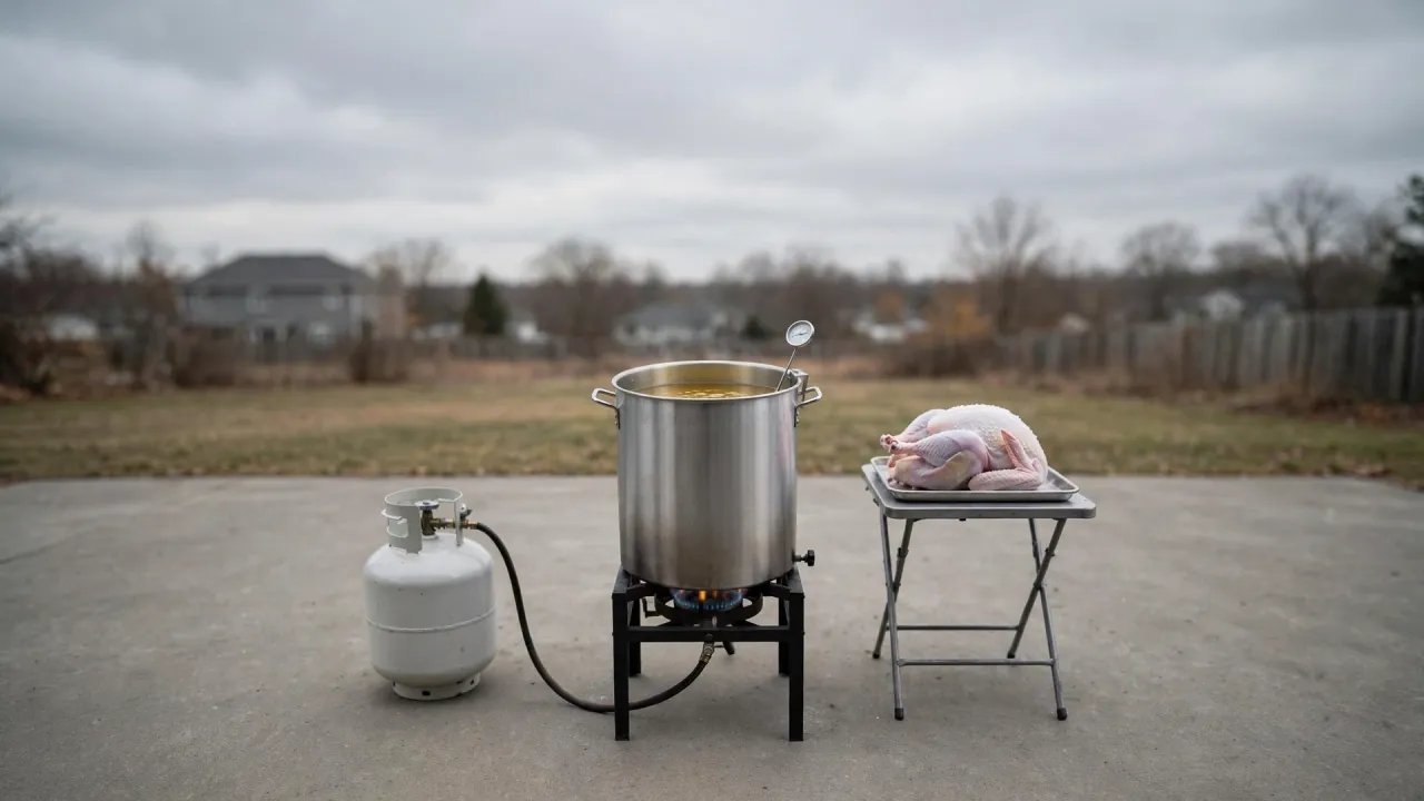 An outdoor turkey fryer on a concrete driveway under a grey sky. A tall metal pot, full to the rim with oil, sits on a burner stand over a lit gas flame, between a white propane cylinder and a frost-covered turkey on a folding table.