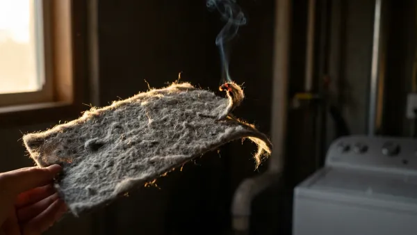 A thick mat of soft grey clothes-dryer lint held in warm window light against a dark laundry room, with a small orange ember glowing at one edge and a thin wisp of smoke rising, showing how easily fine lint ignites.
